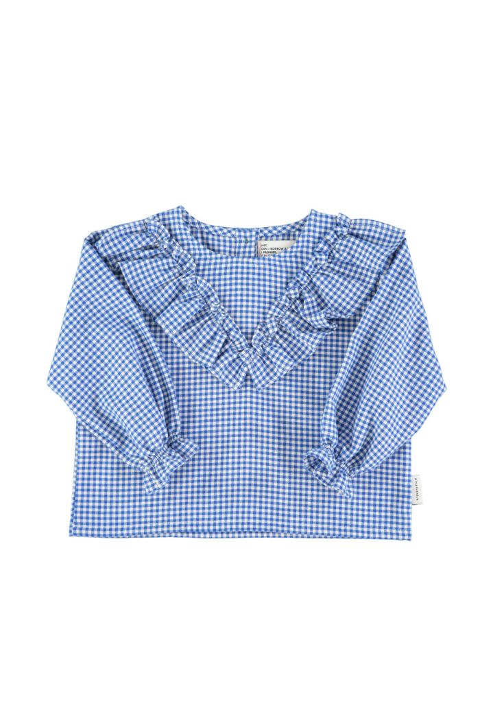 Piupiuchick Blouse with v-neck ruffles on chest Blue little checkered_1