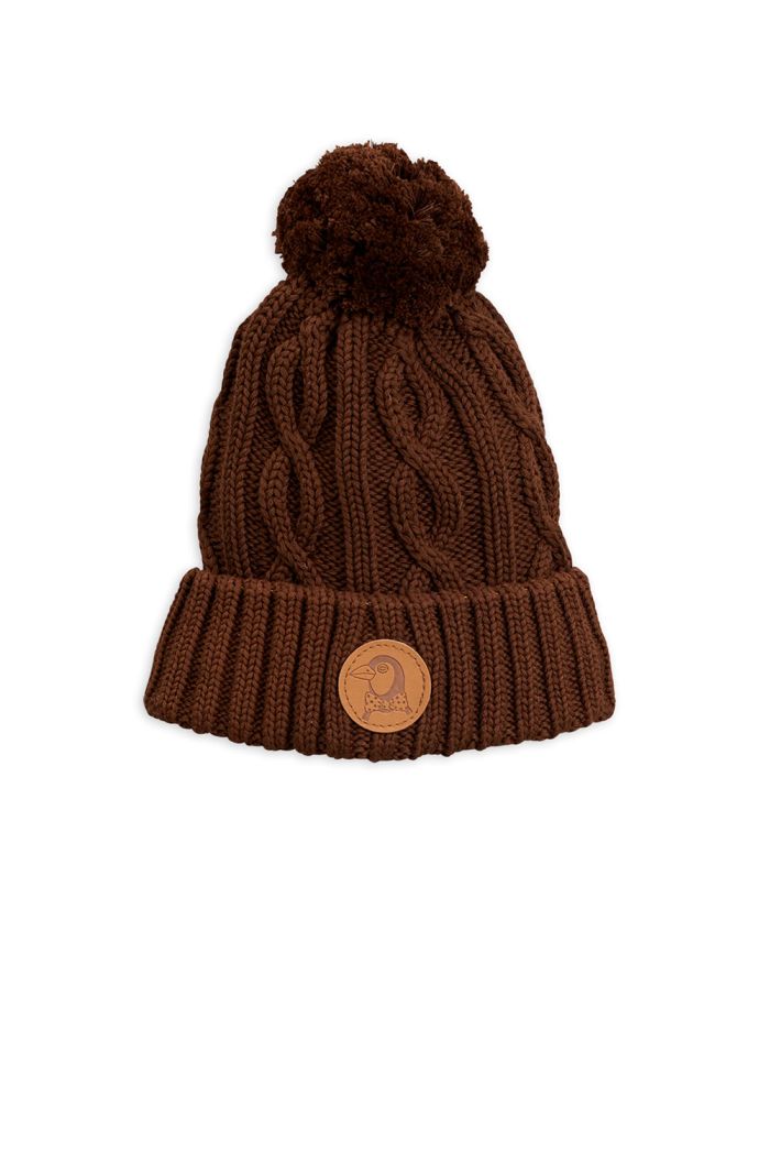 Mini Rodini Cable knitted pompom hat Brown_1
